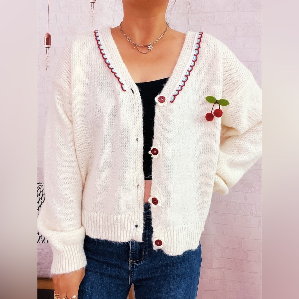 Cherry Button-Front Long Sleeve Cardigan - Picture 6 of 10